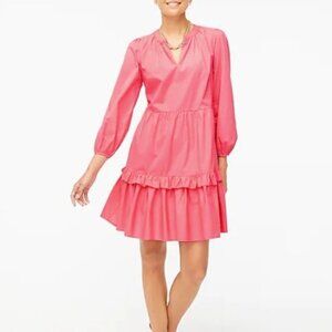 J Crew Tiered Ruffle Dress L Pink Cotton Poplin 3/4 Sleeves Elastic Cuffs V-Neck